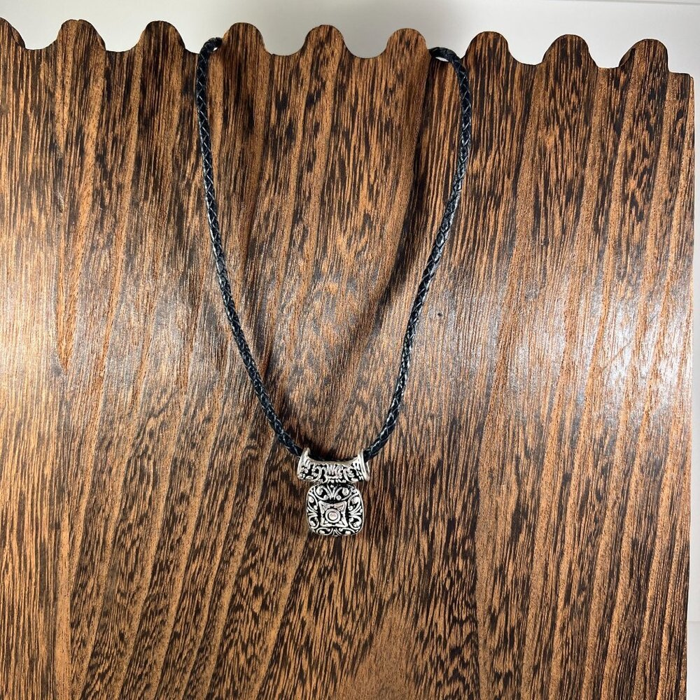 Antique-Style Silver Pendant Necklace With Black Braided Cord & Lobster Clasp